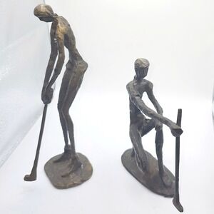 Vintage Pier 1 Pair of Metal Golfer Statues - Male And Female Forms